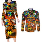 Tigers Autism Awareness Couples Matching Long Sleeve Bodycon Dress and Long Sleeve Button Shirt Puzzle Flames Rugby Ball