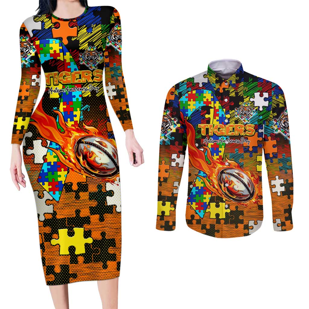Tigers Autism Awareness Couples Matching Long Sleeve Bodycon Dress and Long Sleeve Button Shirt Puzzle Flames Rugby Ball