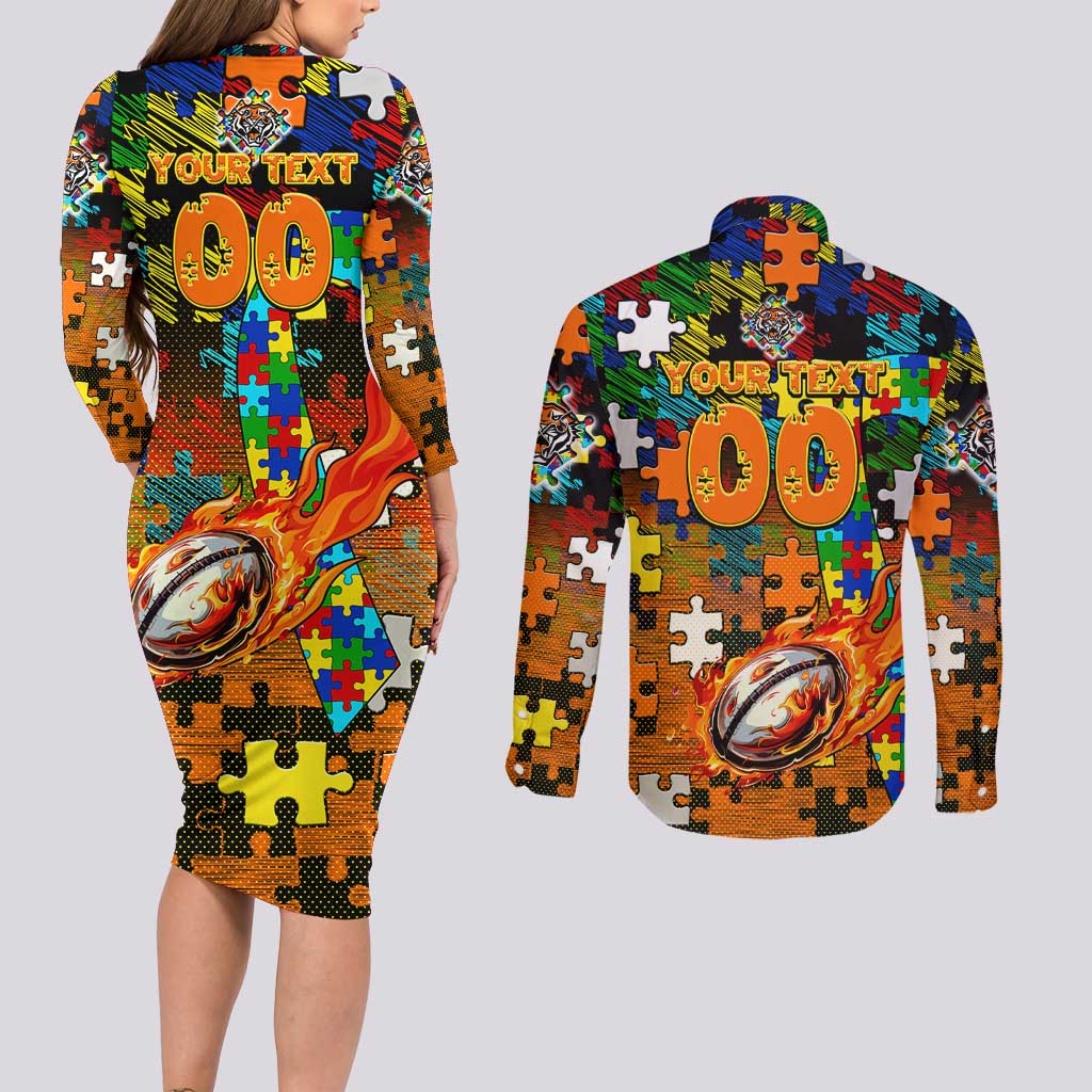 Tigers Autism Awareness Couples Matching Long Sleeve Bodycon Dress and Long Sleeve Button Shirt Puzzle Flames Rugby Ball