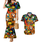 Tigers Autism Awareness Couples Matching Mermaid Dress and Hawaiian Shirt Puzzle Flames Rugby Ball