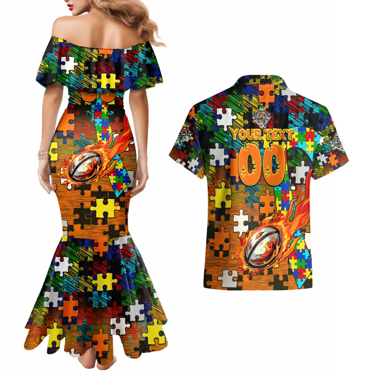 Tigers Autism Awareness Couples Matching Mermaid Dress and Hawaiian Shirt Puzzle Flames Rugby Ball