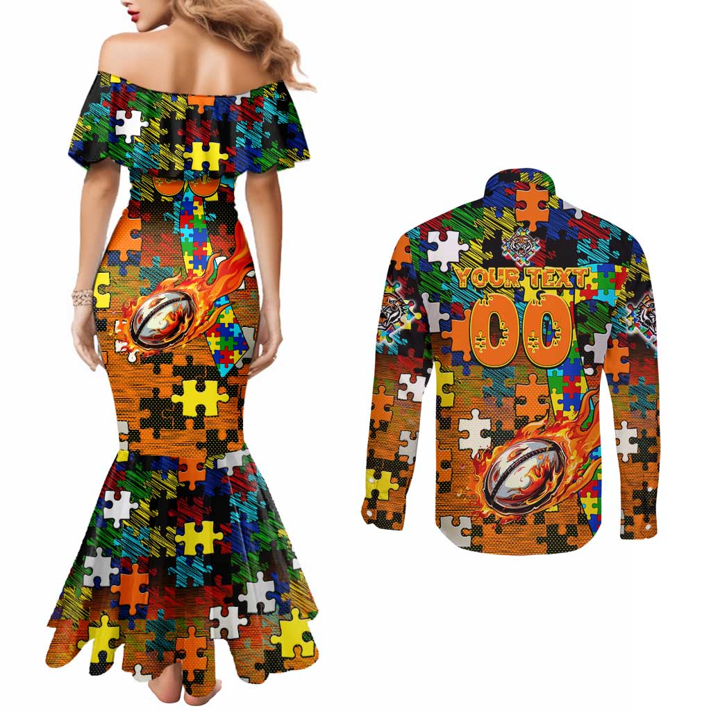 Tigers Autism Awareness Couples Matching Mermaid Dress and Long Sleeve Button Shirt Puzzle Flames Rugby Ball