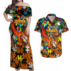 Tigers Autism Awareness Couples Matching Off Shoulder Maxi Dress and Hawaiian Shirt Puzzle Flames Rugby Ball