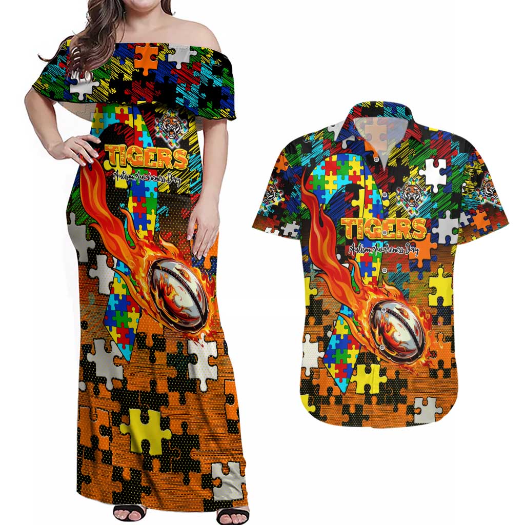 Tigers Autism Awareness Couples Matching Off Shoulder Maxi Dress and Hawaiian Shirt Puzzle Flames Rugby Ball