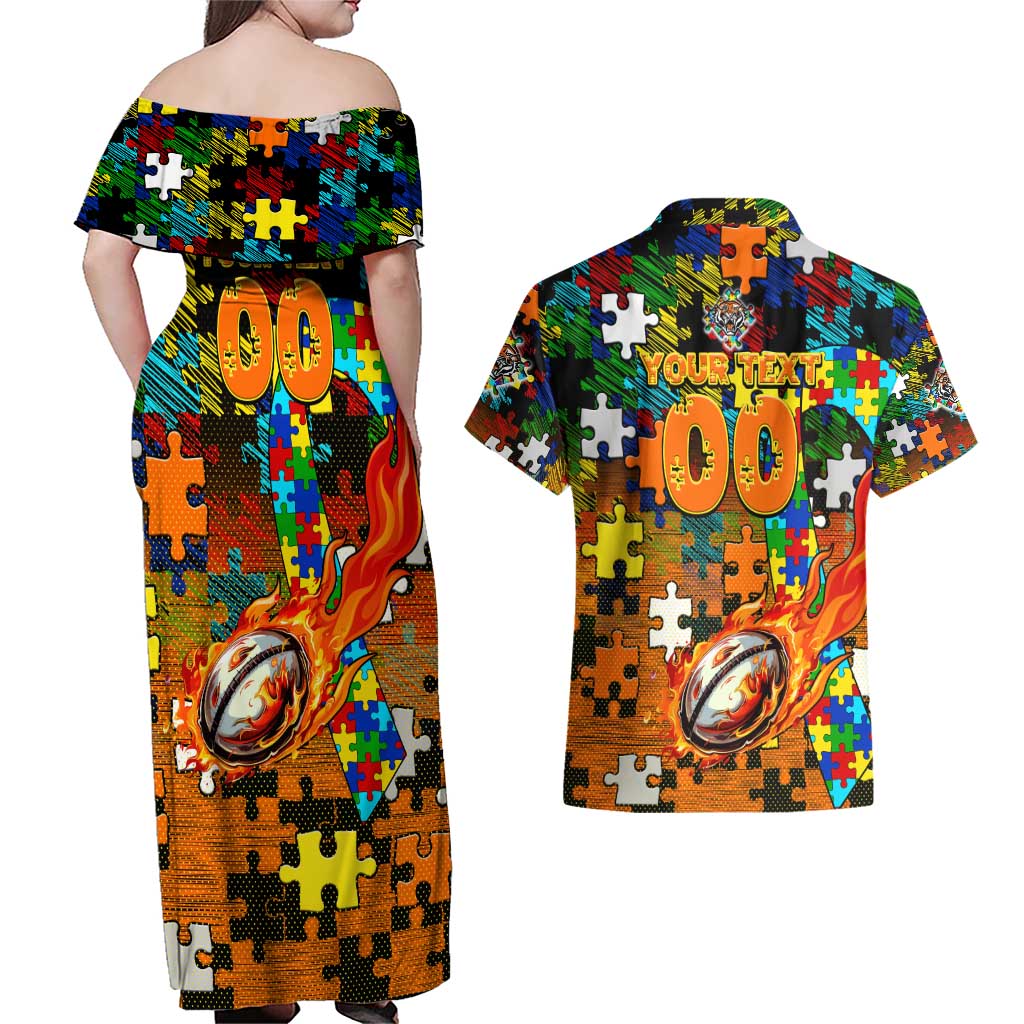 Tigers Autism Awareness Couples Matching Off Shoulder Maxi Dress and Hawaiian Shirt Puzzle Flames Rugby Ball