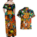 Tigers Autism Awareness Couples Matching Off Shoulder Maxi Dress and Hawaiian Shirt Puzzle Flames Rugby Ball