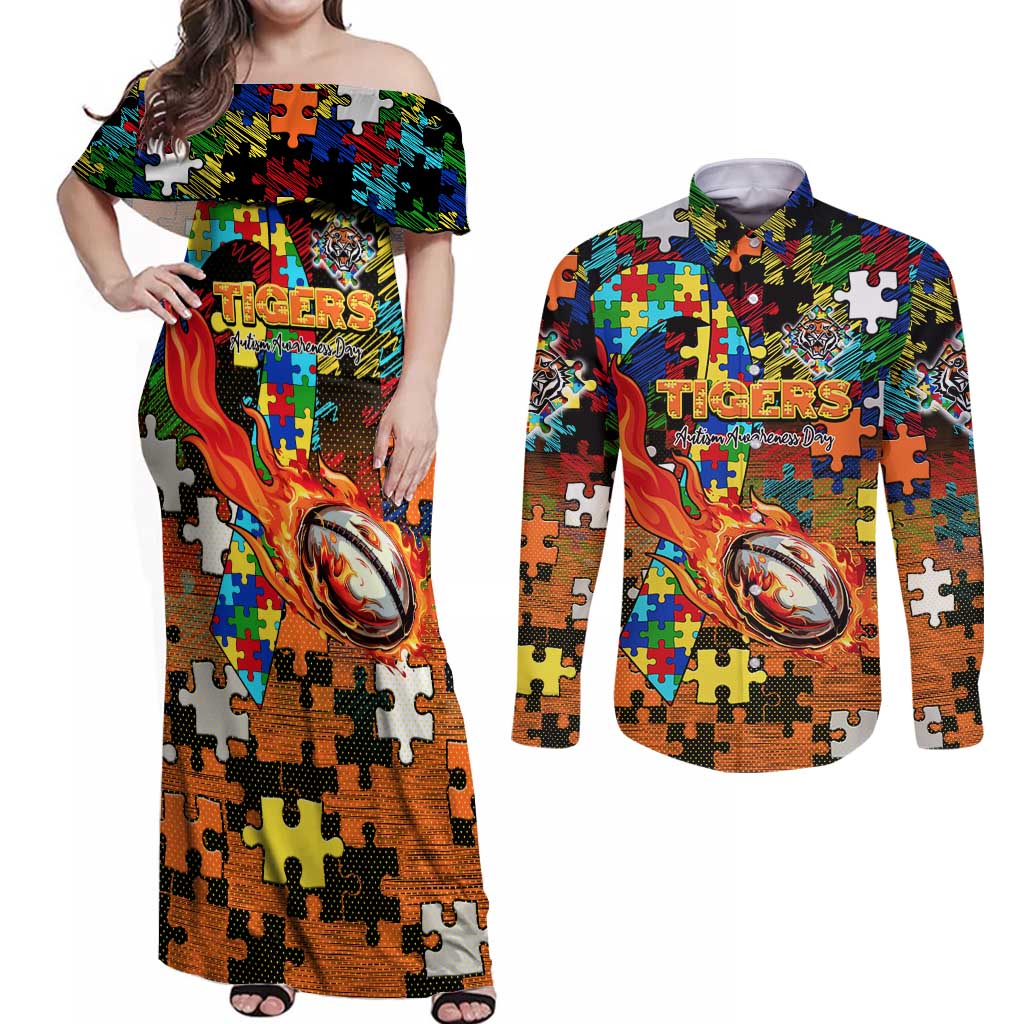 Tigers Autism Awareness Couples Matching Off Shoulder Maxi Dress and Long Sleeve Button Shirt Puzzle Flames Rugby Ball