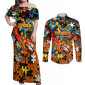 Tigers Autism Awareness Couples Matching Off Shoulder Maxi Dress and Long Sleeve Button Shirt Puzzle Flames Rugby Ball