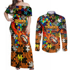Tigers Autism Awareness Couples Matching Off Shoulder Maxi Dress and Long Sleeve Button Shirt Puzzle Flames Rugby Ball