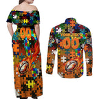 Tigers Autism Awareness Couples Matching Off Shoulder Maxi Dress and Long Sleeve Button Shirt Puzzle Flames Rugby Ball