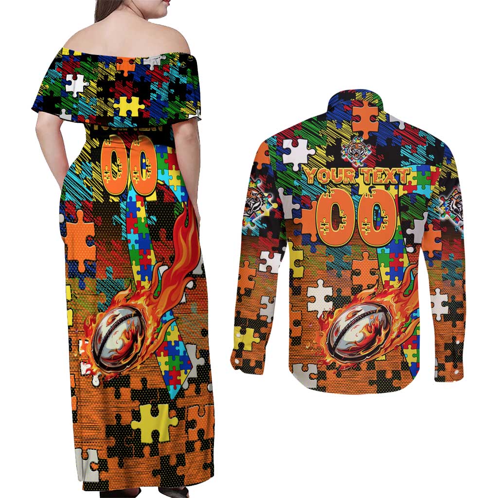 Tigers Autism Awareness Couples Matching Off Shoulder Maxi Dress and Long Sleeve Button Shirt Puzzle Flames Rugby Ball