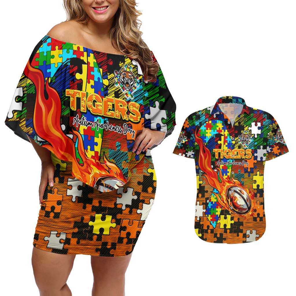 Tigers Autism Awareness Couples Matching Off Shoulder Short Dress and Hawaiian Shirt Puzzle Flames Rugby Ball