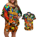 Tigers Autism Awareness Couples Matching Off Shoulder Short Dress and Hawaiian Shirt Puzzle Flames Rugby Ball