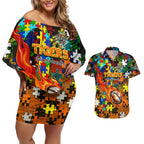 Tigers Autism Awareness Couples Matching Off Shoulder Short Dress and Hawaiian Shirt Puzzle Flames Rugby Ball