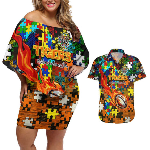 Tigers Autism Awareness Couples Matching Off Shoulder Short Dress and Hawaiian Shirt Puzzle Flames Rugby Ball
