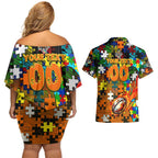 Tigers Autism Awareness Couples Matching Off Shoulder Short Dress and Hawaiian Shirt Puzzle Flames Rugby Ball