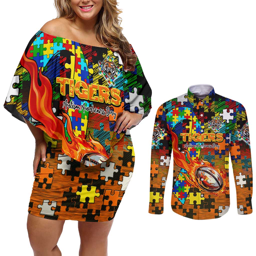 Tigers Autism Awareness Couples Matching Off Shoulder Short Dress and Long Sleeve Button Shirt Puzzle Flames Rugby Ball