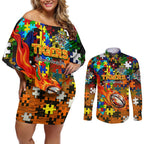 Tigers Autism Awareness Couples Matching Off Shoulder Short Dress and Long Sleeve Button Shirt Puzzle Flames Rugby Ball