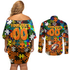 Tigers Autism Awareness Couples Matching Off Shoulder Short Dress and Long Sleeve Button Shirt Puzzle Flames Rugby Ball