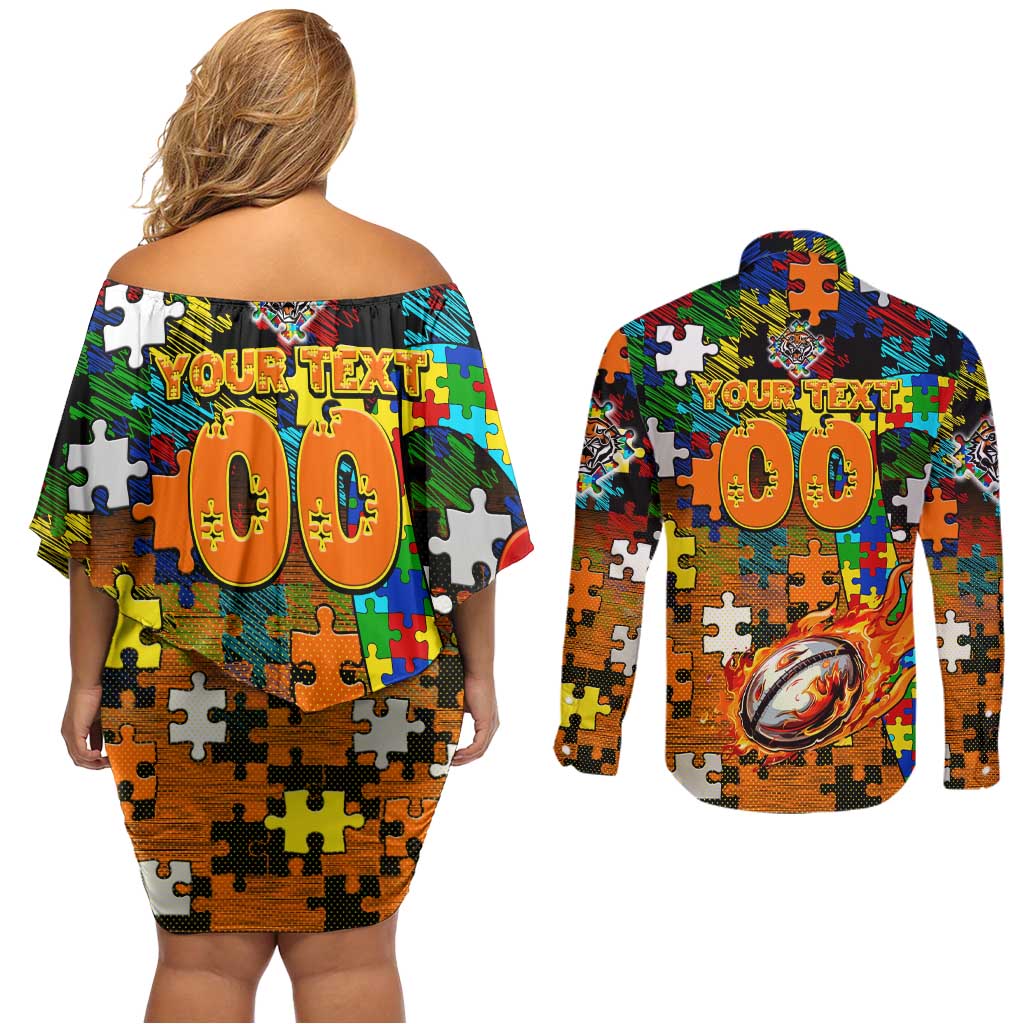 Tigers Autism Awareness Couples Matching Off Shoulder Short Dress and Long Sleeve Button Shirt Puzzle Flames Rugby Ball