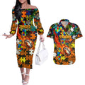 Tigers Autism Awareness Couples Matching Off The Shoulder Long Sleeve Dress and Hawaiian Shirt Puzzle Flames Rugby Ball