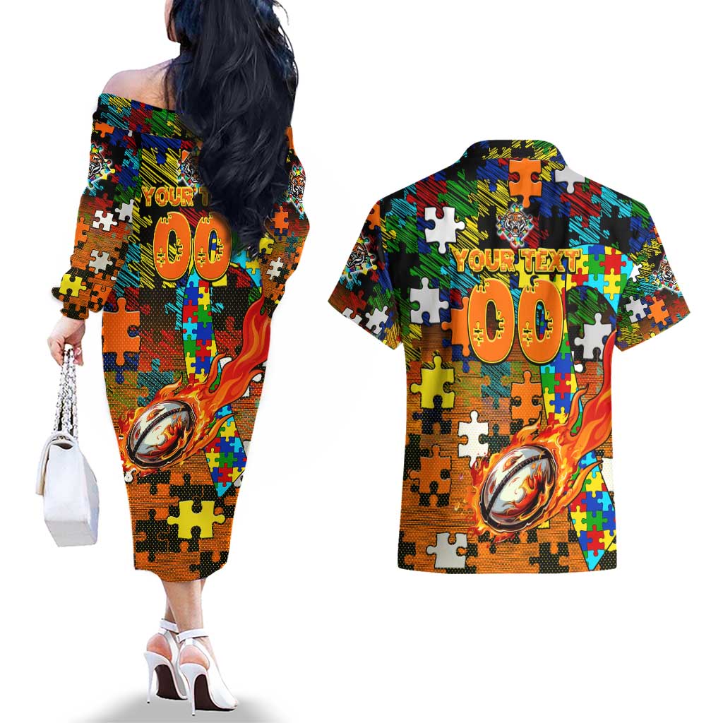 Tigers Autism Awareness Couples Matching Off The Shoulder Long Sleeve Dress and Hawaiian Shirt Puzzle Flames Rugby Ball