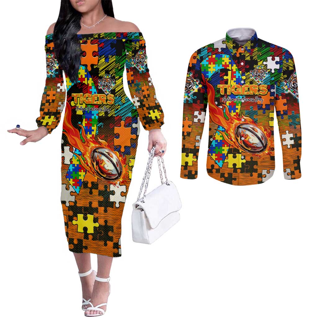 Tigers Autism Awareness Couples Matching Off The Shoulder Long Sleeve Dress and Long Sleeve Button Shirt Puzzle Flames Rugby Ball