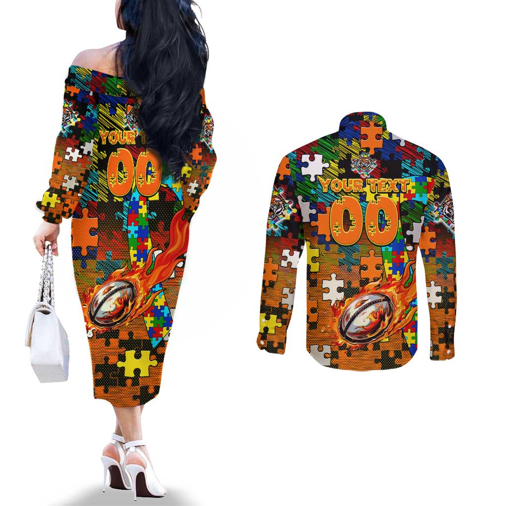 Tigers Autism Awareness Couples Matching Off The Shoulder Long Sleeve Dress and Long Sleeve Button Shirt Puzzle Flames Rugby Ball