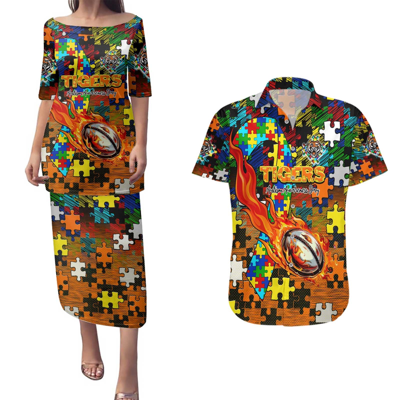 Tigers Autism Awareness Couples Matching Puletasi and Hawaiian Shirt Puzzle Flames Rugby Ball