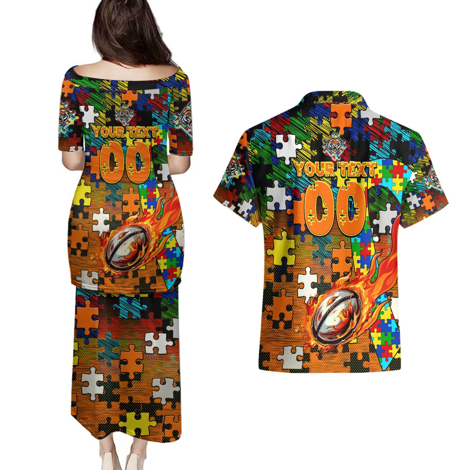 Tigers Autism Awareness Couples Matching Puletasi and Hawaiian Shirt Puzzle Flames Rugby Ball