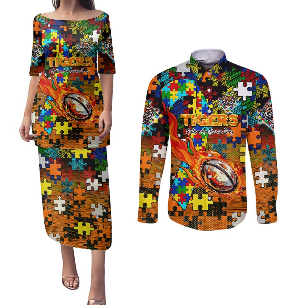 Tigers Autism Awareness Couples Matching Puletasi and Long Sleeve Button Shirt Puzzle Flames Rugby Ball