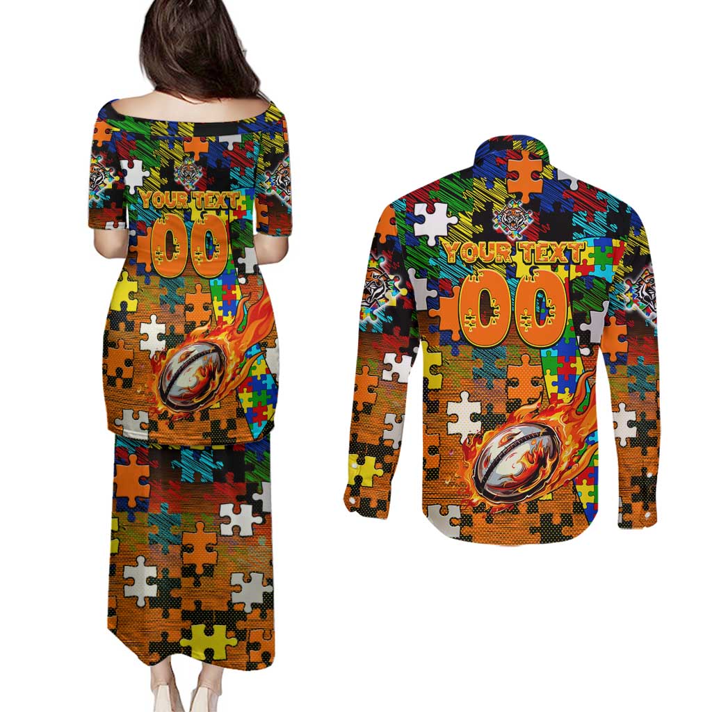Tigers Autism Awareness Couples Matching Puletasi and Long Sleeve Button Shirt Puzzle Flames Rugby Ball