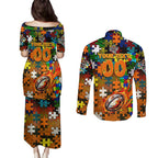 Tigers Autism Awareness Couples Matching Puletasi and Long Sleeve Button Shirt Puzzle Flames Rugby Ball