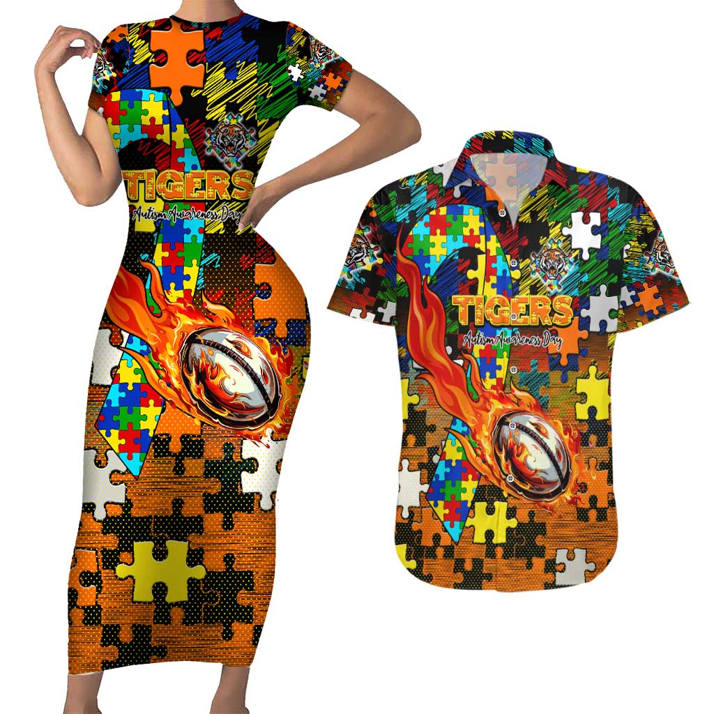 Tigers Autism Awareness Couples Matching Short Sleeve Bodycon Dress and Hawaiian Shirt Puzzle Flames Rugby Ball