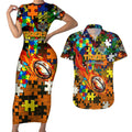 Tigers Autism Awareness Couples Matching Short Sleeve Bodycon Dress and Hawaiian Shirt Puzzle Flames Rugby Ball