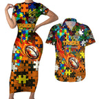 Tigers Autism Awareness Couples Matching Short Sleeve Bodycon Dress and Hawaiian Shirt Puzzle Flames Rugby Ball