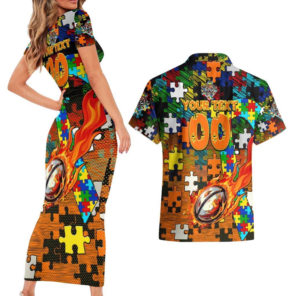 Tigers Autism Awareness Couples Matching Short Sleeve Bodycon Dress and Hawaiian Shirt Puzzle Flames Rugby Ball