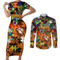 Tigers Autism Awareness Couples Matching Short Sleeve Bodycon Dress and Long Sleeve Button Shirt Puzzle Flames Rugby Ball