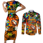 Tigers Autism Awareness Couples Matching Short Sleeve Bodycon Dress and Long Sleeve Button Shirt Puzzle Flames Rugby Ball
