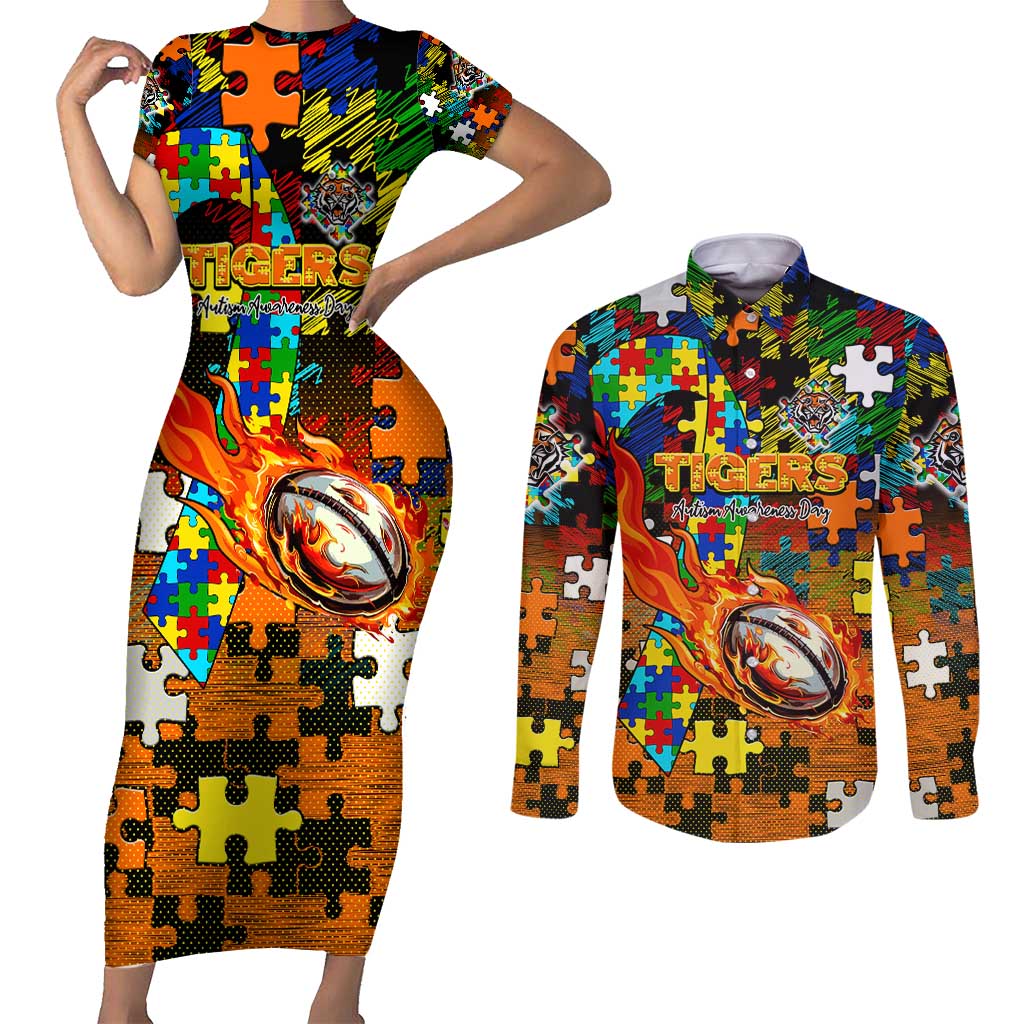 Tigers Autism Awareness Couples Matching Short Sleeve Bodycon Dress and Long Sleeve Button Shirt Puzzle Flames Rugby Ball