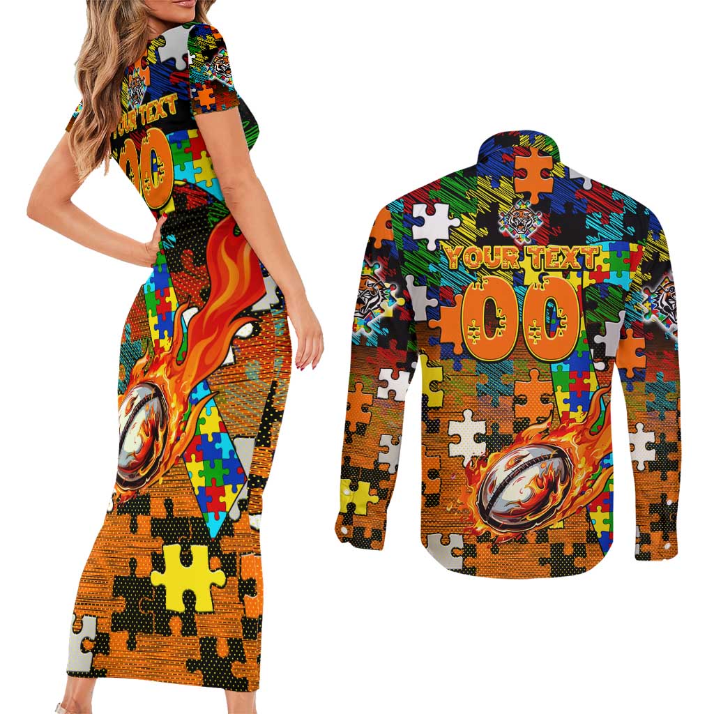 Tigers Autism Awareness Couples Matching Short Sleeve Bodycon Dress and Long Sleeve Button Shirt Puzzle Flames Rugby Ball