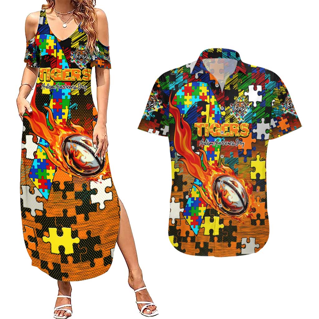 Tigers Autism Awareness Couples Matching Summer Maxi Dress and Hawaiian Shirt Puzzle Flames Rugby Ball