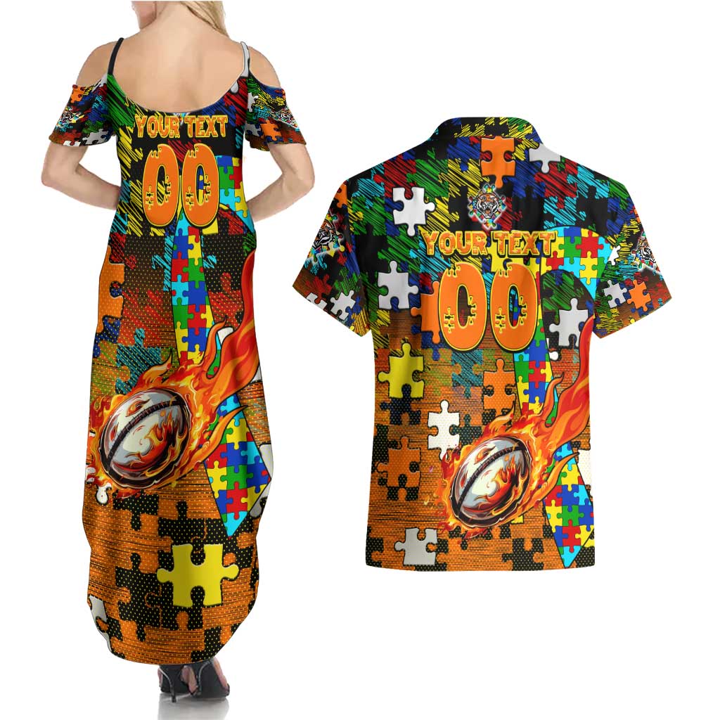 Tigers Autism Awareness Couples Matching Summer Maxi Dress and Hawaiian Shirt Puzzle Flames Rugby Ball
