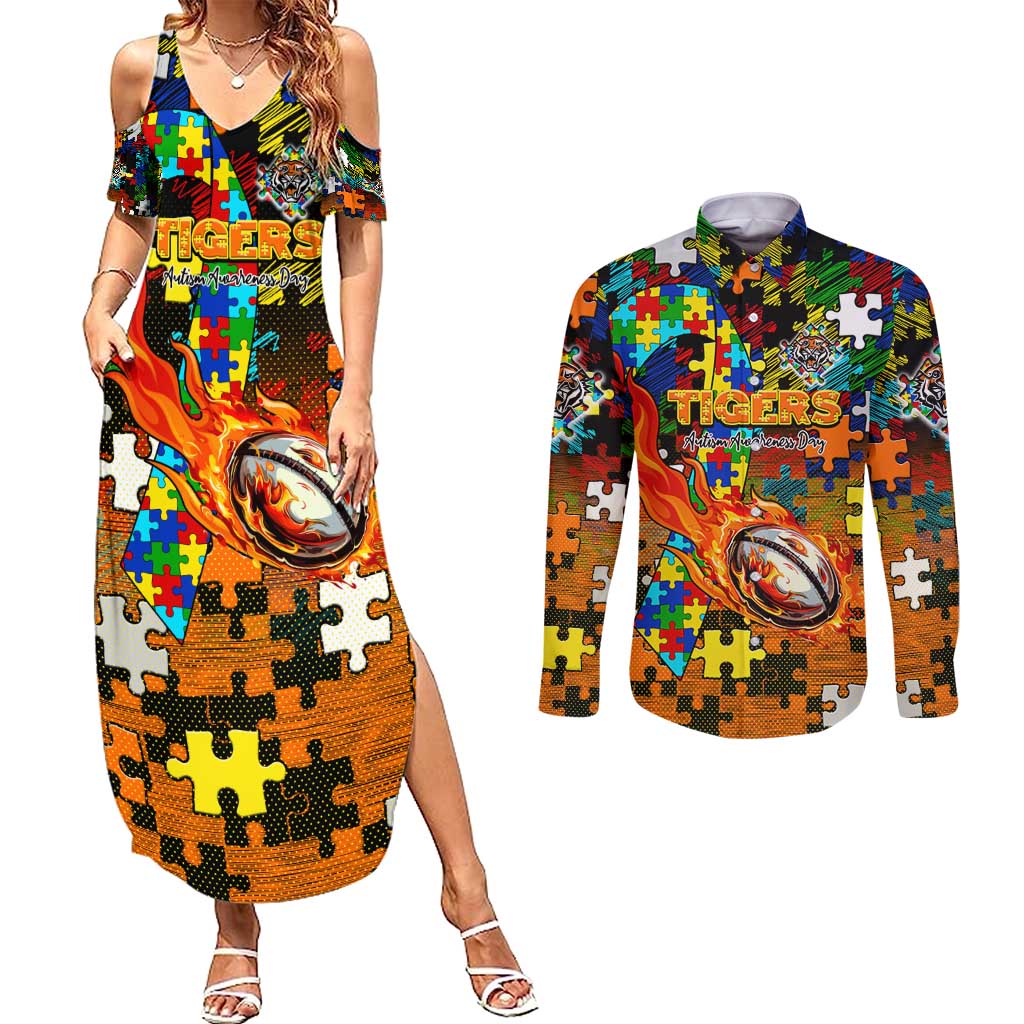 Tigers Autism Awareness Couples Matching Summer Maxi Dress and Long Sleeve Button Shirt Puzzle Flames Rugby Ball