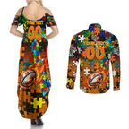 Tigers Autism Awareness Couples Matching Summer Maxi Dress and Long Sleeve Button Shirt Puzzle Flames Rugby Ball