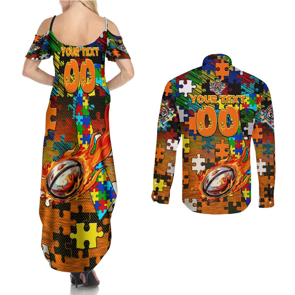 Tigers Autism Awareness Couples Matching Summer Maxi Dress and Long Sleeve Button Shirt Puzzle Flames Rugby Ball