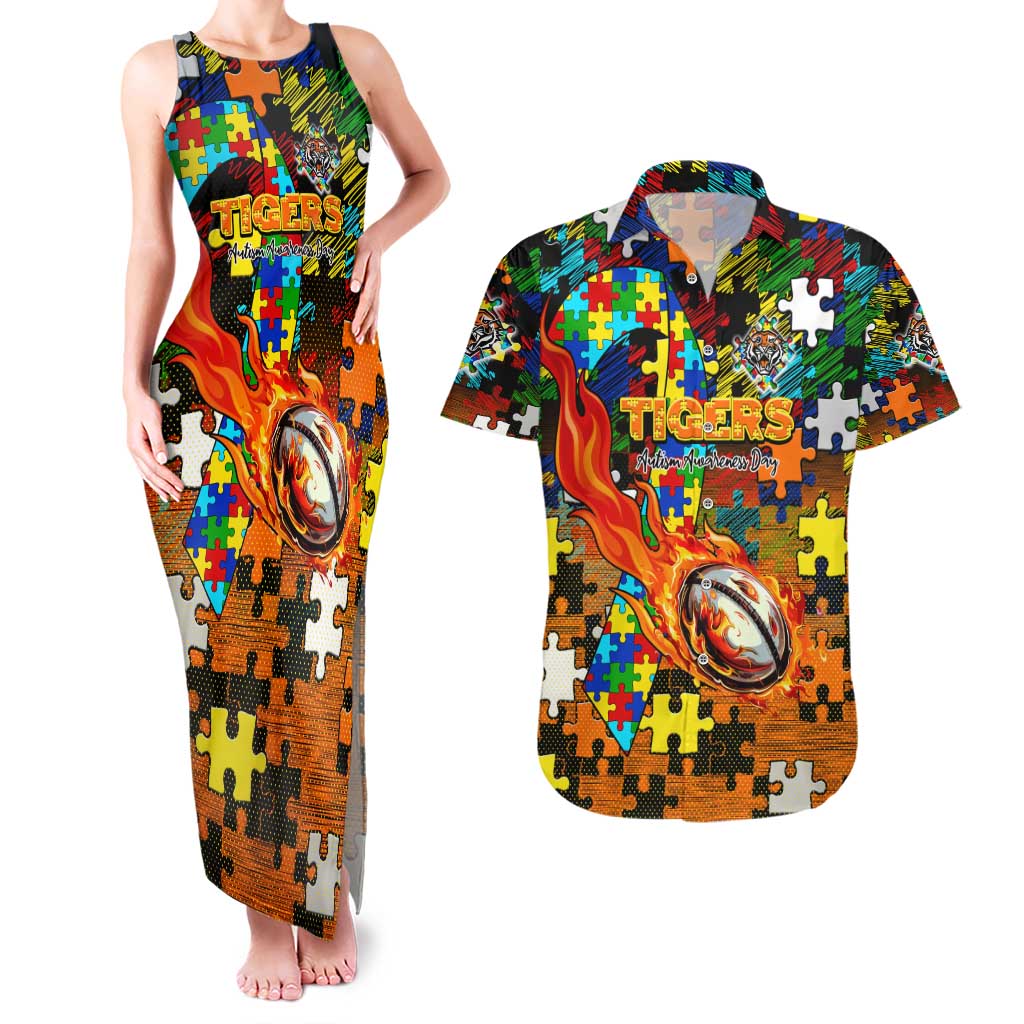 Tigers Autism Awareness Couples Matching Tank Maxi Dress and Hawaiian Shirt Puzzle Flames Rugby Ball