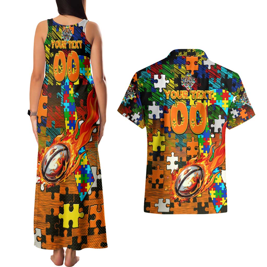Tigers Autism Awareness Couples Matching Tank Maxi Dress and Hawaiian Shirt Puzzle Flames Rugby Ball