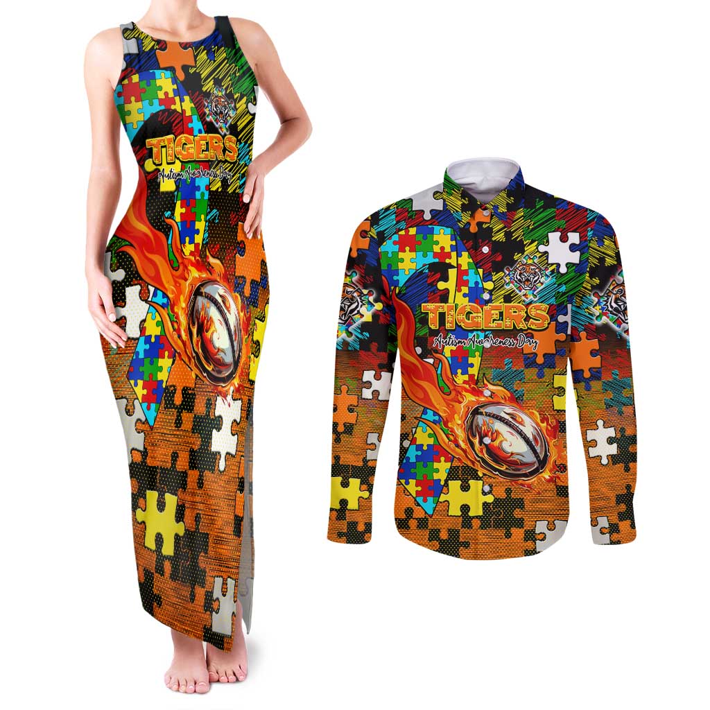Tigers Autism Awareness Couples Matching Tank Maxi Dress and Long Sleeve Button Shirt Puzzle Flames Rugby Ball