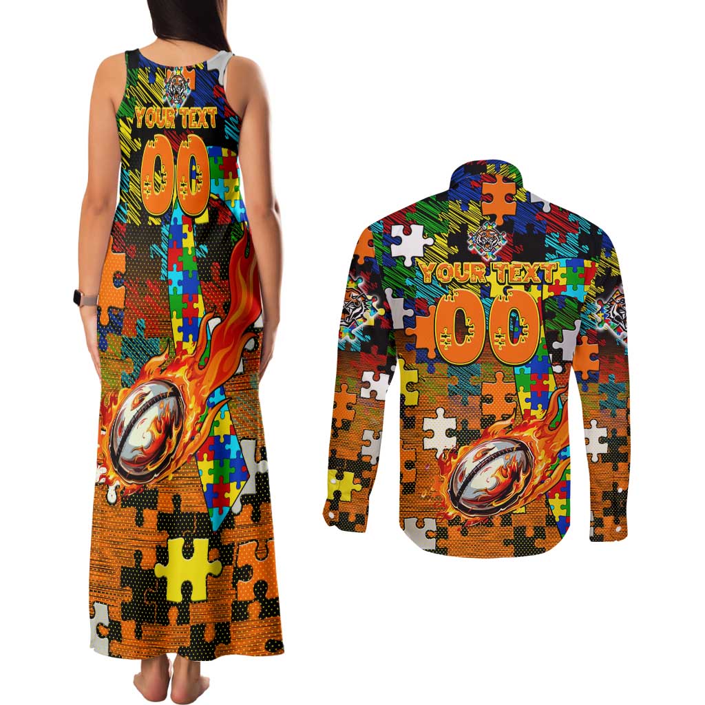 Tigers Autism Awareness Couples Matching Tank Maxi Dress and Long Sleeve Button Shirt Puzzle Flames Rugby Ball